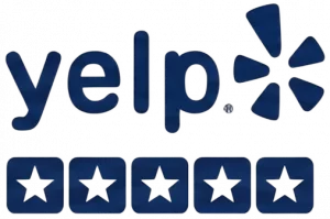 Yelp badge showing a perfect five-star rating for GRIT Roofing services.